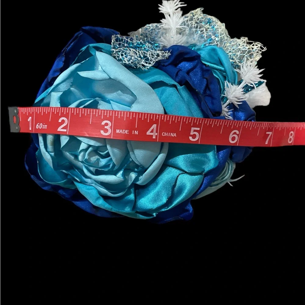 Large oversized big blue flowers headband bows lace satin ribbon hair accessory